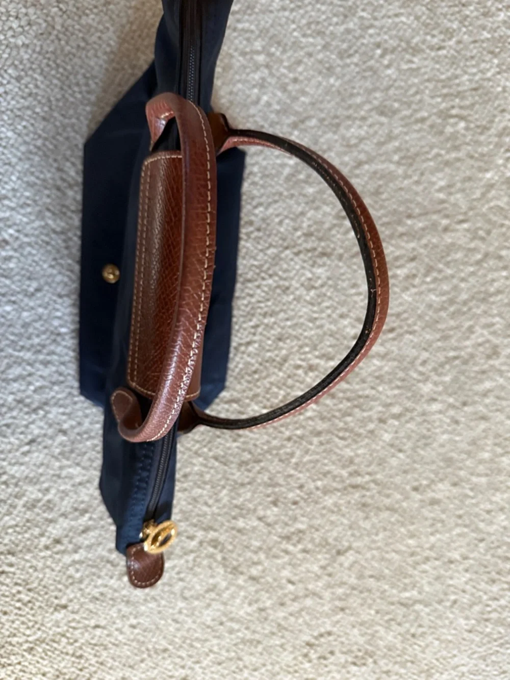 Longchamp Navy Tote with Brown Leather Trim and Gold Accent - Picture 3 of 5